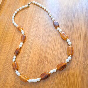 Signed Vintage CELEBRITY GEMS Amber Gemstone & Pearl Necklace